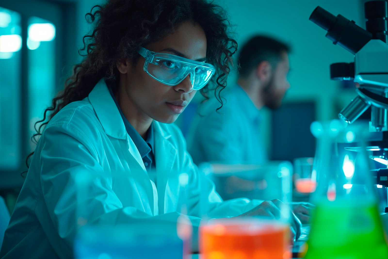 Aluno de Biomedicina utilizando microscópio