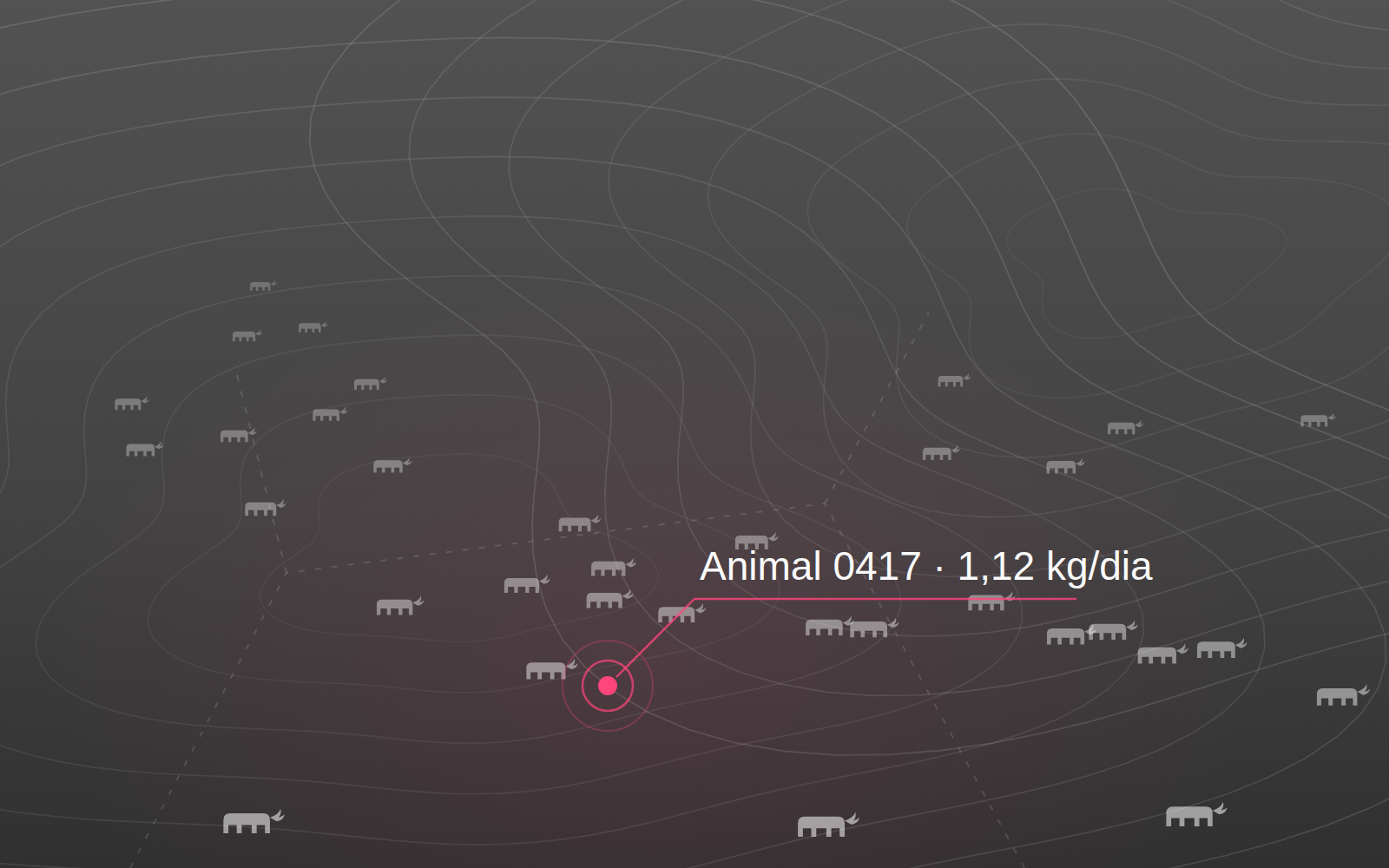 Mapa de fazenda com rebanho monitorado e leitura de ganho de peso por animal